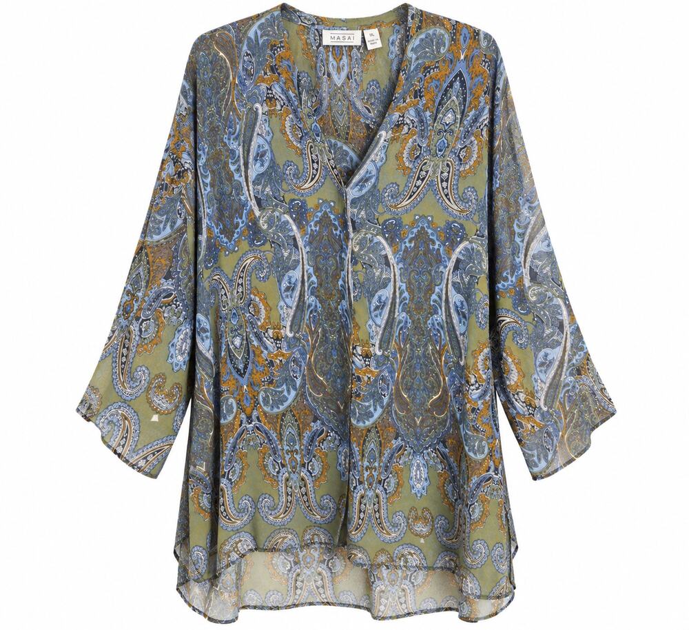 Masai XL Olive Paisley Blouse Semi Sheer Long Sleeve Boho V Neck Tunic